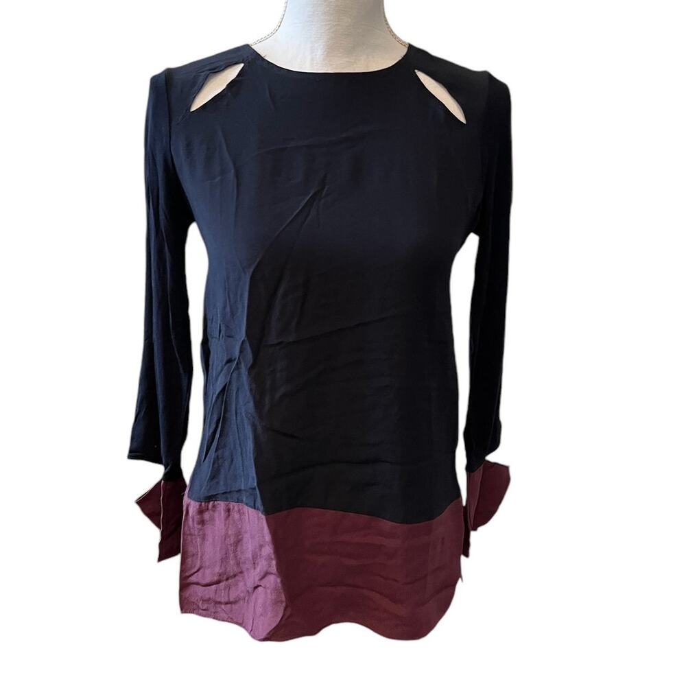 Bailey 44 Silk Color Block Long Sleeve Top Navy Maroon XS